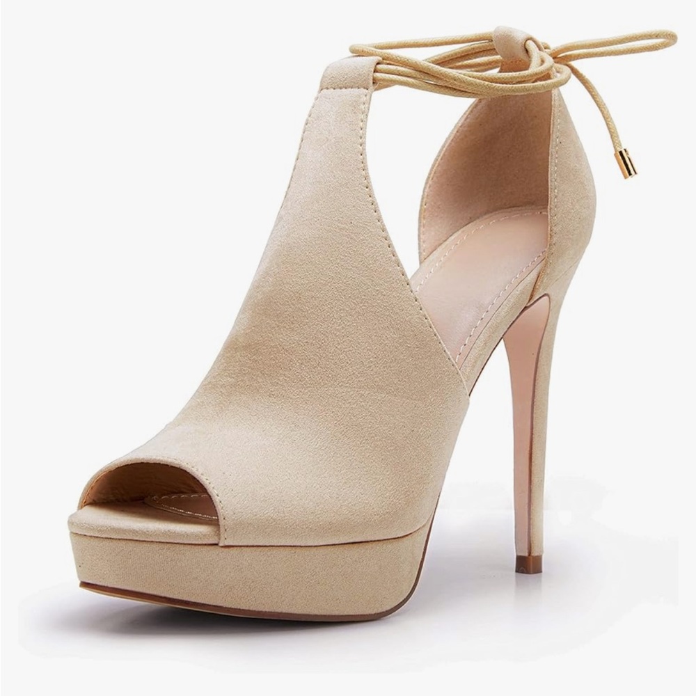 NEW Nude Lace-Up Peep Toe High Heel Platform Sandals